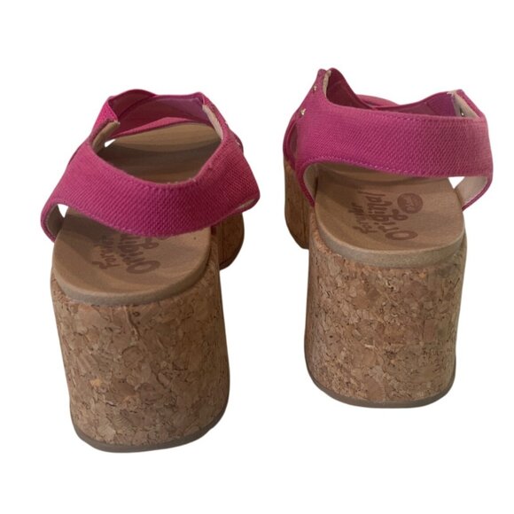 Dr. Scholls Pink Canvas Platform Cork Sandals Size 7M Stretch Beach - Picture 3 of 6